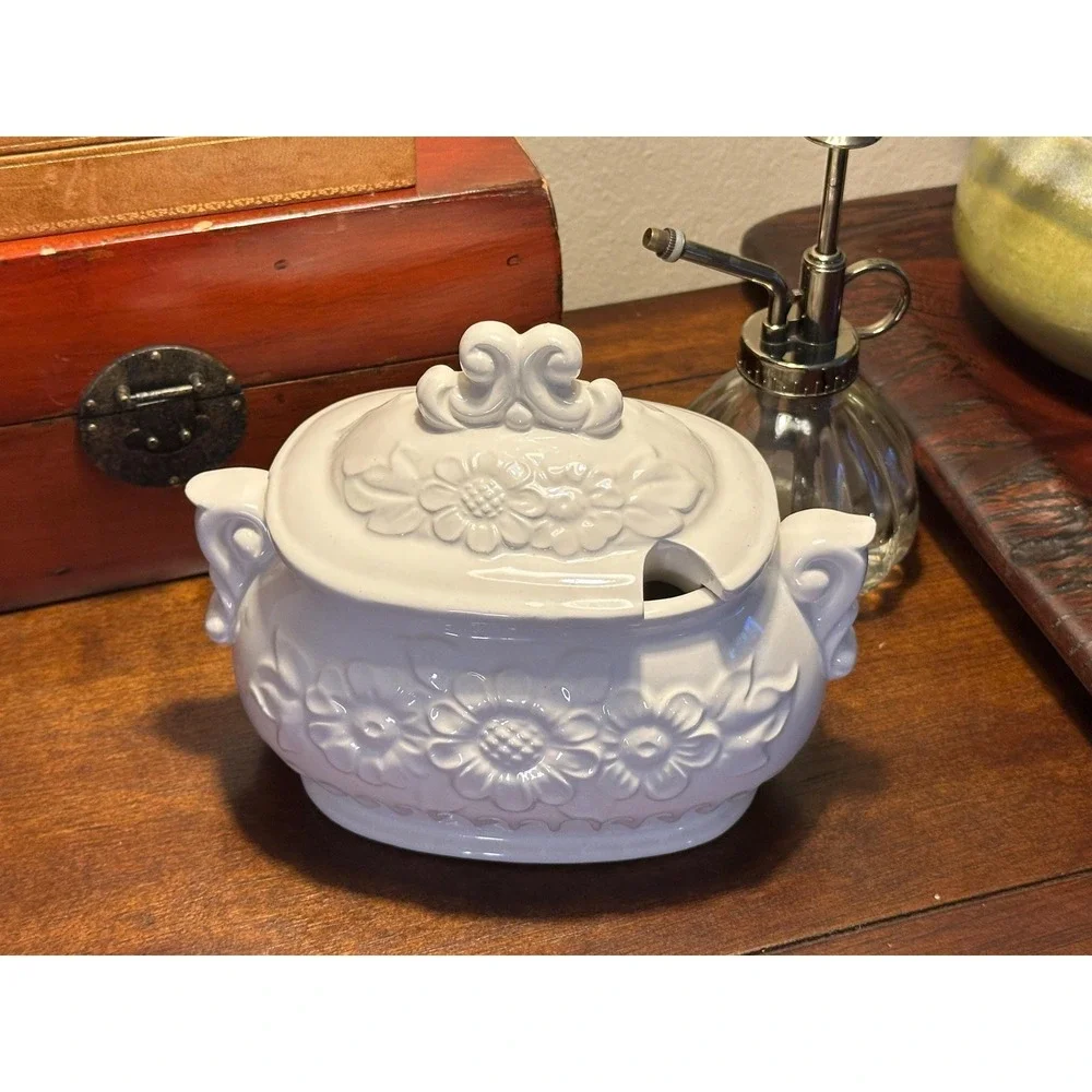 Himark Japan MCM White Soup Tureen Gravy Boat Embossed Floral Ceramic with Lid